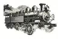 Zoomed out side profile of a silhouette of an old steam train with a few coal carriages, with the train tracks wrapped a tattoo design idea