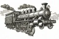 Zoomed out side profile of a silhouette of an old steam train with a few coal carriages, with the train tracks wrapped a tattoo design idea
