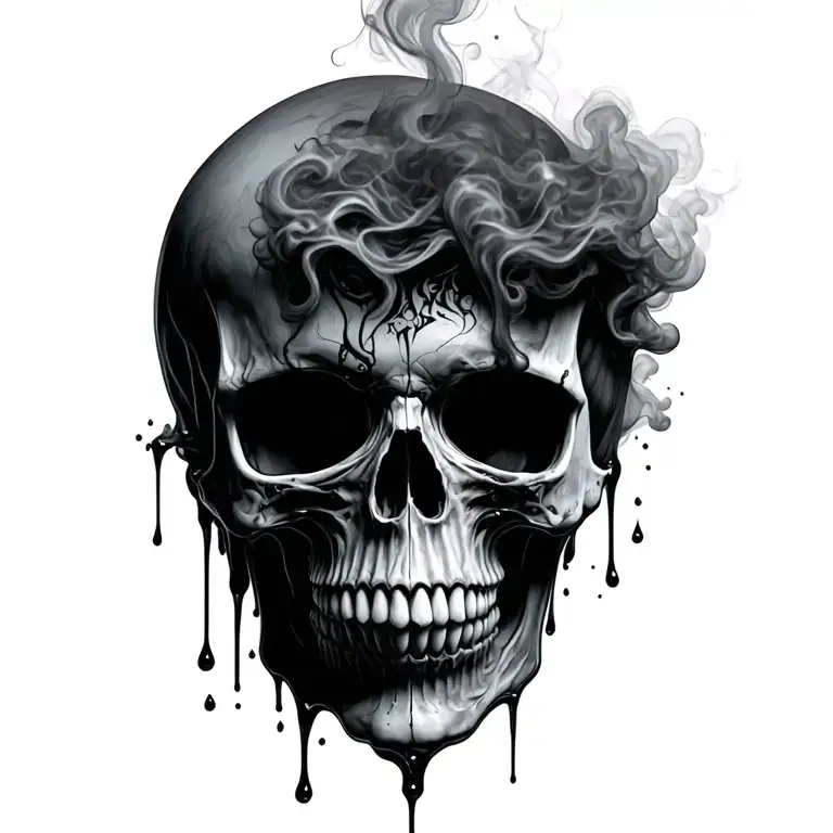 skull with the top of the head becoming  smoke and the jaw becoming liquid and dripping tattoo design idea