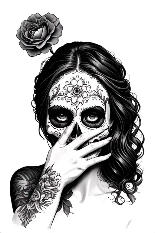 day of the dead woman hand covering half face profile holding tattoo design idea