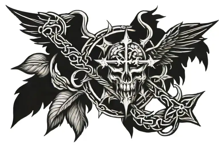 crown of thorns with wings and sword tattoo design idea