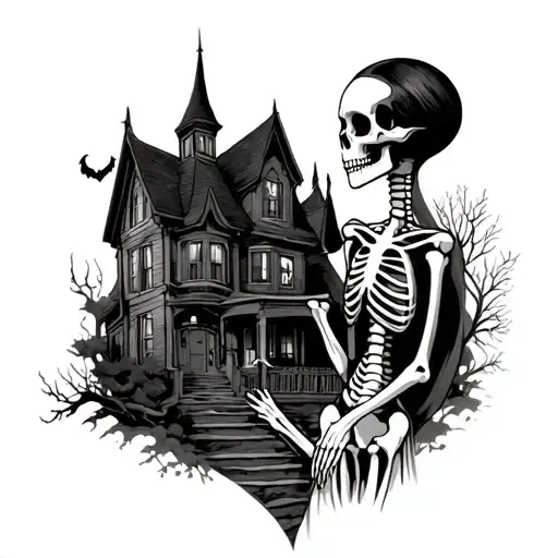 skeleton couple getting married in front of haunted house  tattoo design idea