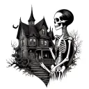 skeleton couple getting married in front of haunted house  tattoo design idea