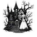 skeleton couple getting married in front of haunted house  tattoo design idea