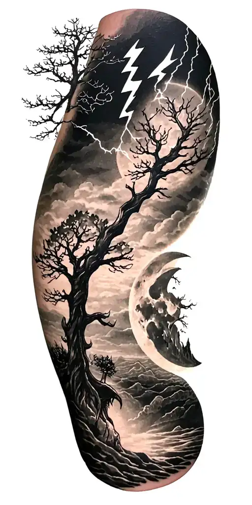viking rume and moon and tree and lightning bolt tattoo design idea