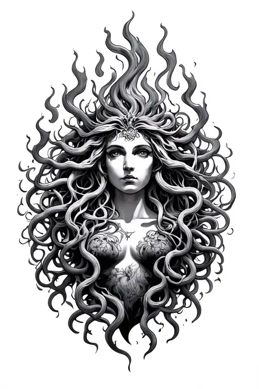 Medusa, fire, strength, suffer, God tattoo design idea