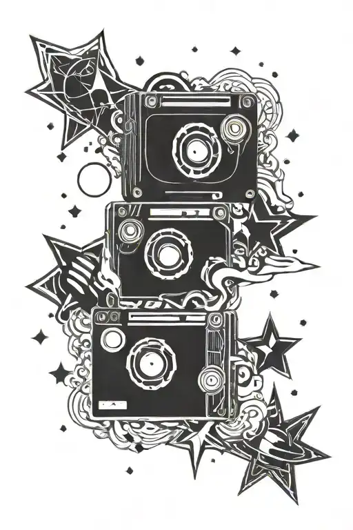Cassette tape and planets stars and nebulas tattoo design idea