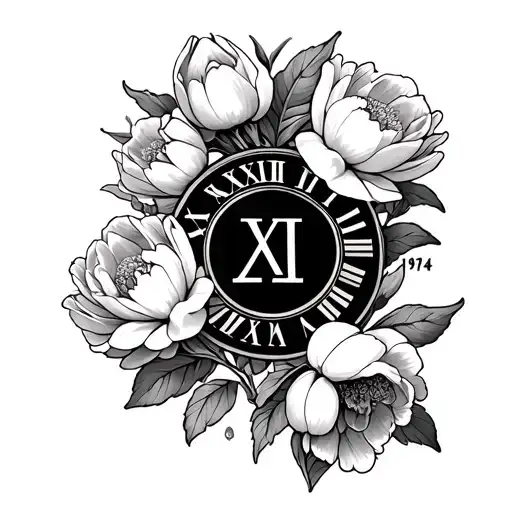 Tattoo:Right above left knee Roman numeral august 19 1974 with tulips and peonies and leaves black and white and grey tattoo design idea