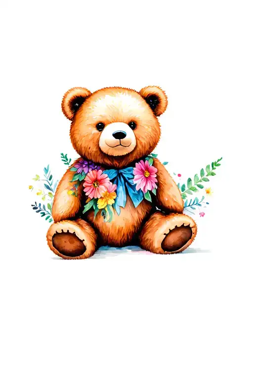 A Bear sitting/standing slightly sideways with realistic features, decorated with flowers. The flowers can seem to tattoo design idea