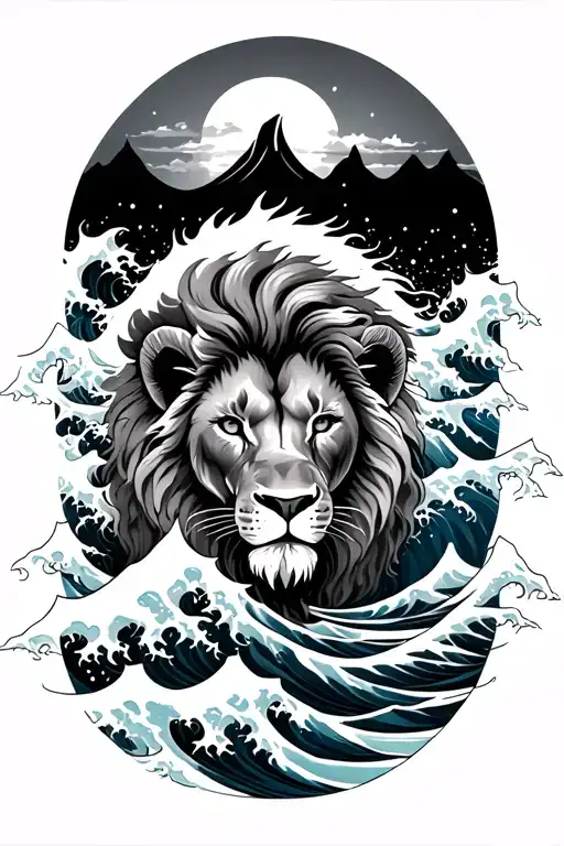 lion and great wave tattoo design idea