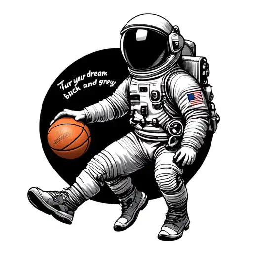 Imagine an astronaut in a detailed suit, gripping a basketball, with a half moon behind them. The words "Turn your dream tattoo design idea