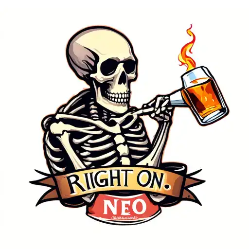 A Skeleton drinking fireball whiskey. banner below says "Right On: tattoo design idea