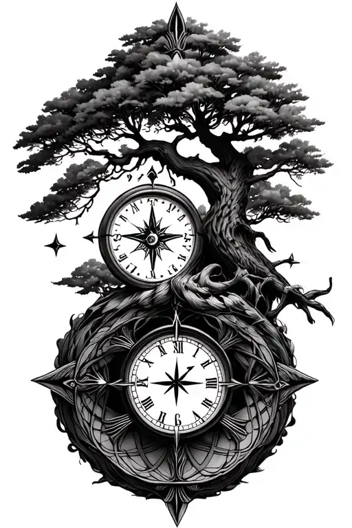 clock, compass with tree of life tattoo tattoo design idea