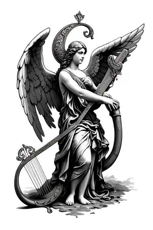 Irish guardian angel holding a harp tattoo design idea