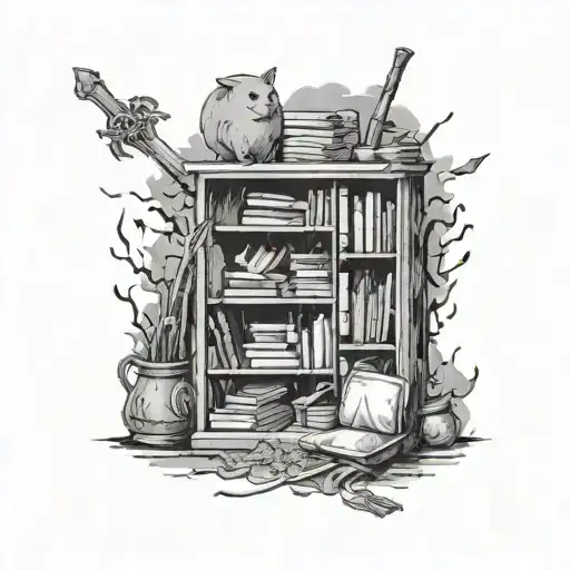 messy bookshelf fantasy items wands somethings relative tattoo design idea