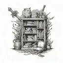 messy bookshelf fantasy items wands somethings relative tattoo design idea