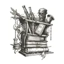 messy bookshelf fantasy items wands somethings relative tattoo design idea