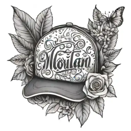 A tattoo design of Morgan Wallen's signature hat and microphone, surrounded by flowers and musical notes, representing your love for Morgan Wallen and flowers tattoo design idea