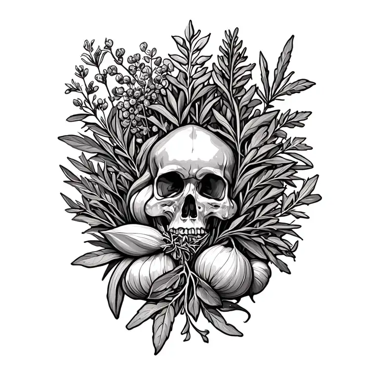kitchen herbs, tyme, basil, rosemary, oregano, sage, chili, pepper, garlic, chives tattoo design idea