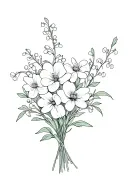 Honeysuckle, cosmos, lily of the valley and cherry blossoms bouquet flowers tattoo design idea