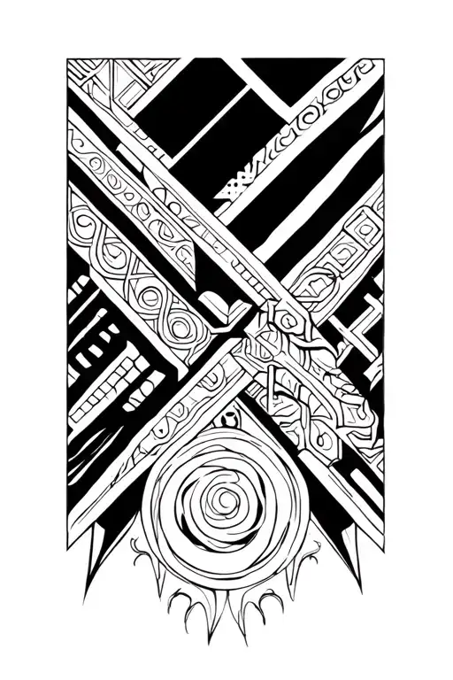 blackwork geometric abstract tribal sleeve Ancient Roman pattern and symbols tattoo design idea