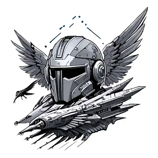 StarLord Helmet surrounded by an arwing, razorcrest, Crusader C1 Spirit, and a halo Pelican. tattoo design idea