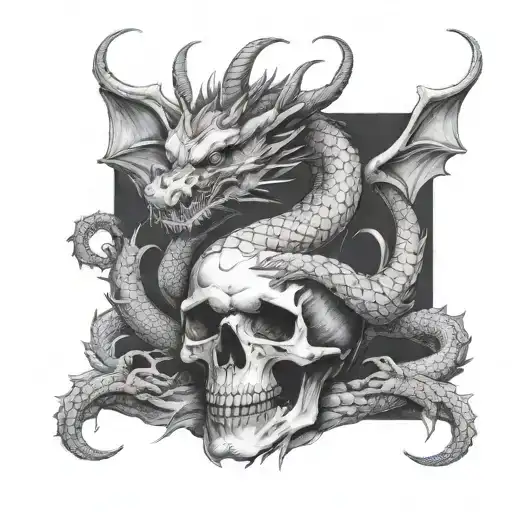 Japanese dragon sitting on a skull tattoo design idea