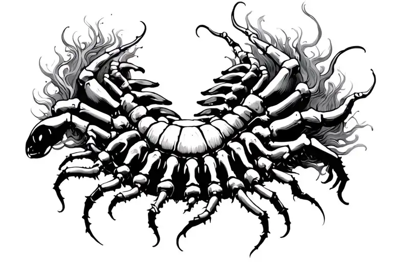 Upper back, dark fantasy, centipede, disturbing, creepy, bones, death, abstract tattoo design idea