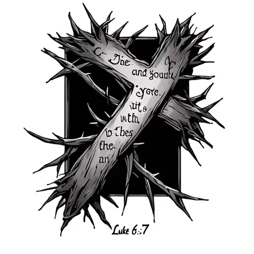 cross in crown of thorns with bible verse Luke 6:37 above it tattoo design idea