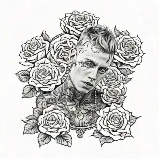 A realistic portrait of Mgk surrounded by black roses tattoo design idea
