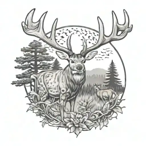 whitetail deer and turkey with trees background looking tattoo design idea