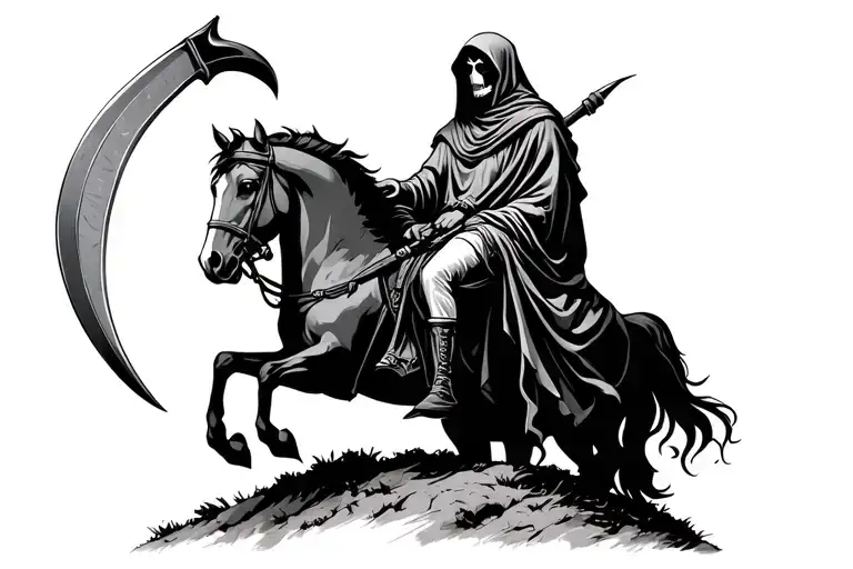 grim reaper sitting on a horse with scythe on a hill tattoo design idea