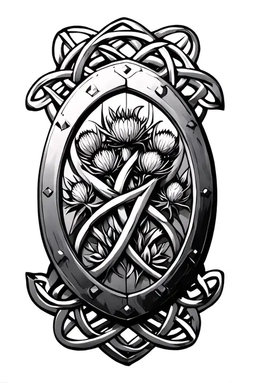 fine line round celtic shield knot with thistle intertwined tattoo design idea