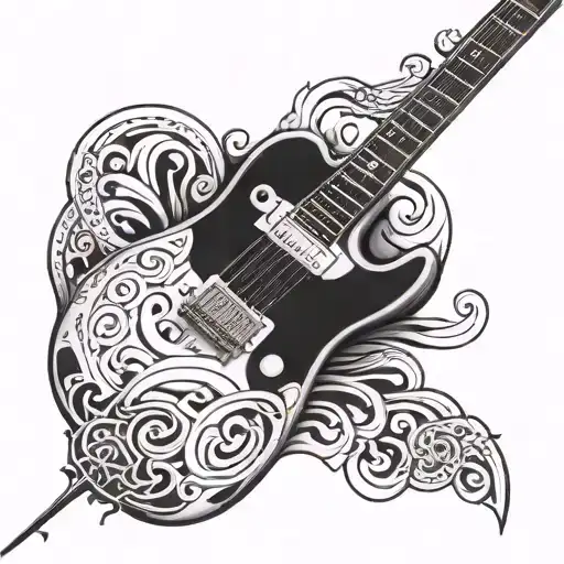  tattoo in black and white with the name Steve Ed and a electric guitar  tattoo design idea