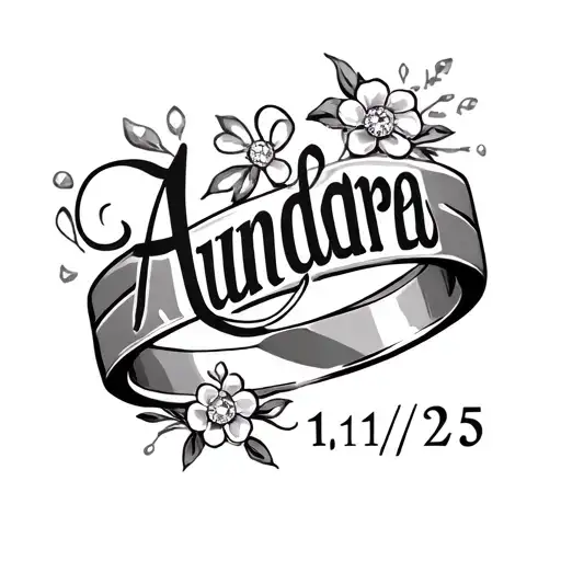 Create a tattoo using the word Aundrea in funky cursive font, a wedding ring & the date 1/1/25 in Roman numerals  tattoo design idea