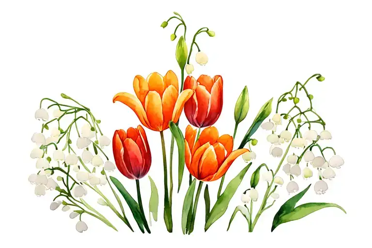 lily of the valley, orange tulips and red lupins tattoo design idea