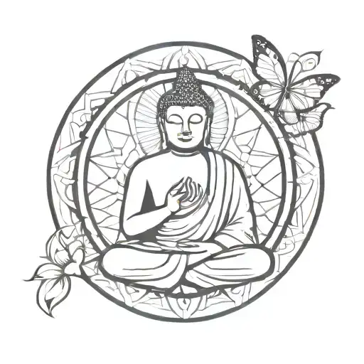Unique Buddha representing peace combined with hope meaning butterfly and protection symbol with life circle around them tattoo design idea
