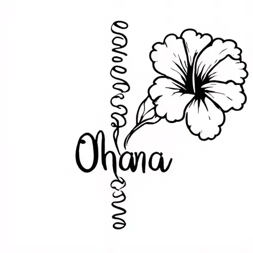 Create a vertical collarbone tattoo of the word Ohana in cursive with a hibiscus flower coming out of the left side of t tattoo design idea
