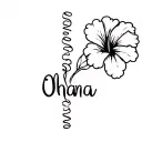 Create a vertical collarbone tattoo of the word Ohana in cursive with a hibiscus flower coming out of the left side of t tattoo design idea