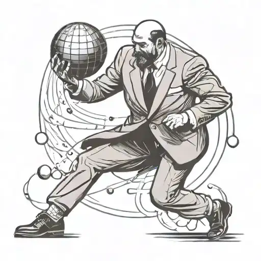 Sisyphus in a mid century modern suit and sungkasses pushing a disco ball instead of a boulder tattoo design idea