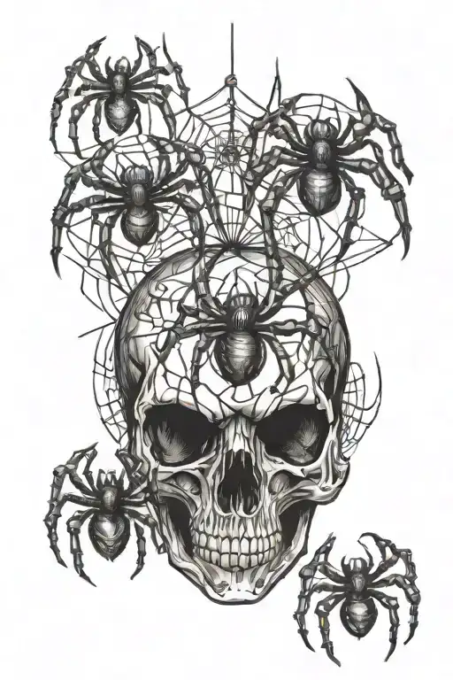 spiders hanging from skull tattoo design idea