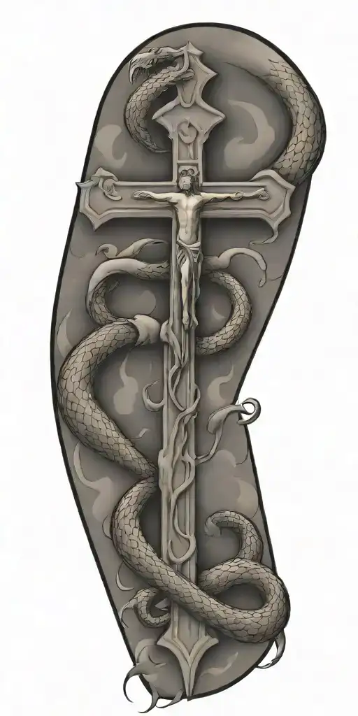 holy cross with snake and blood and angel and clouds  tattoo design idea