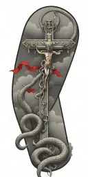 holy cross with snake and blood and angel and clouds  tattoo design idea