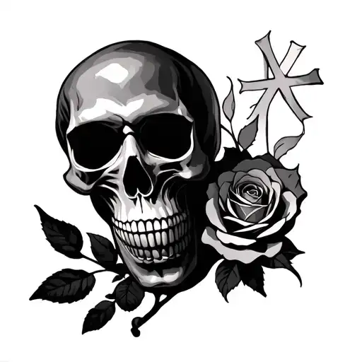 skull hand with rose fade to into 3 crosses n 2 face masks tattoo design idea