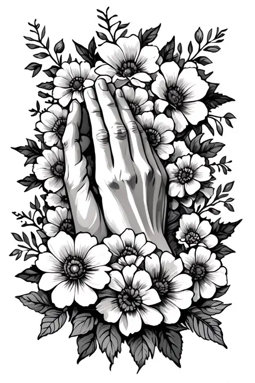 praying hands and flowers tattoo design idea