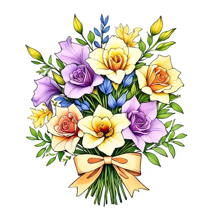 single gladiolus, jonquil, rose, sweet pea flower bouquet tied with purple bow line tattoo colored. tattoo design idea