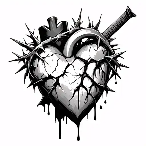 cracked realistic heart wearing a crown of thorns , dripping blood , hit by a sword that shattered tattoo design idea