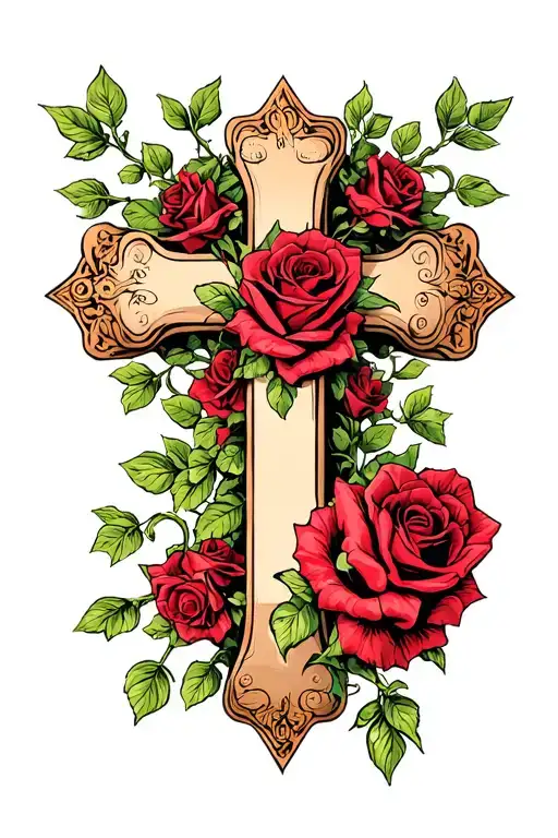 vines and roses wrapping around the 3 nail cross tattoo design idea