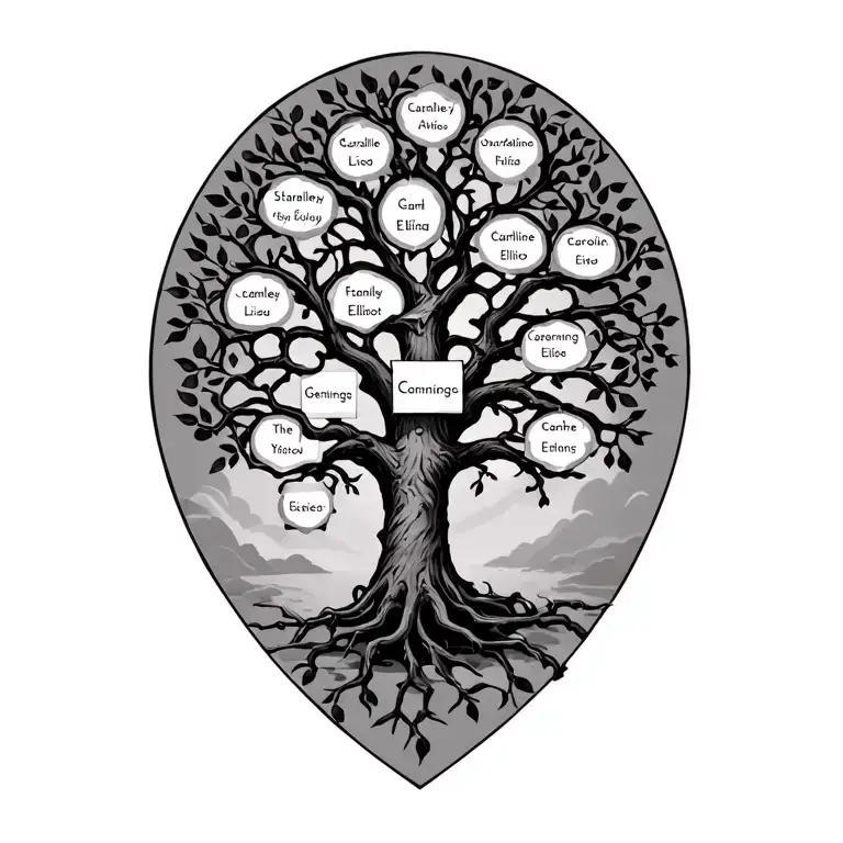 family tree with names Stanley, Caroline, Elliott, Eliza and Jennings in branches tattoo design idea