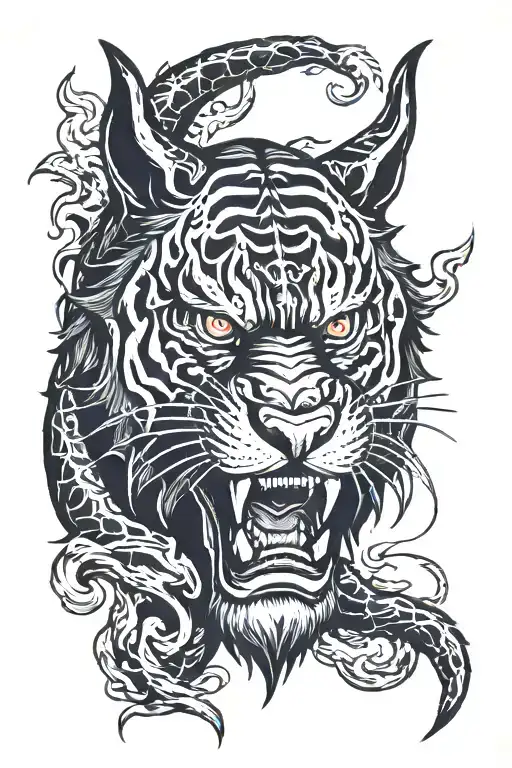 black tiger head replaced with  oni demon head and flames tattoo design idea